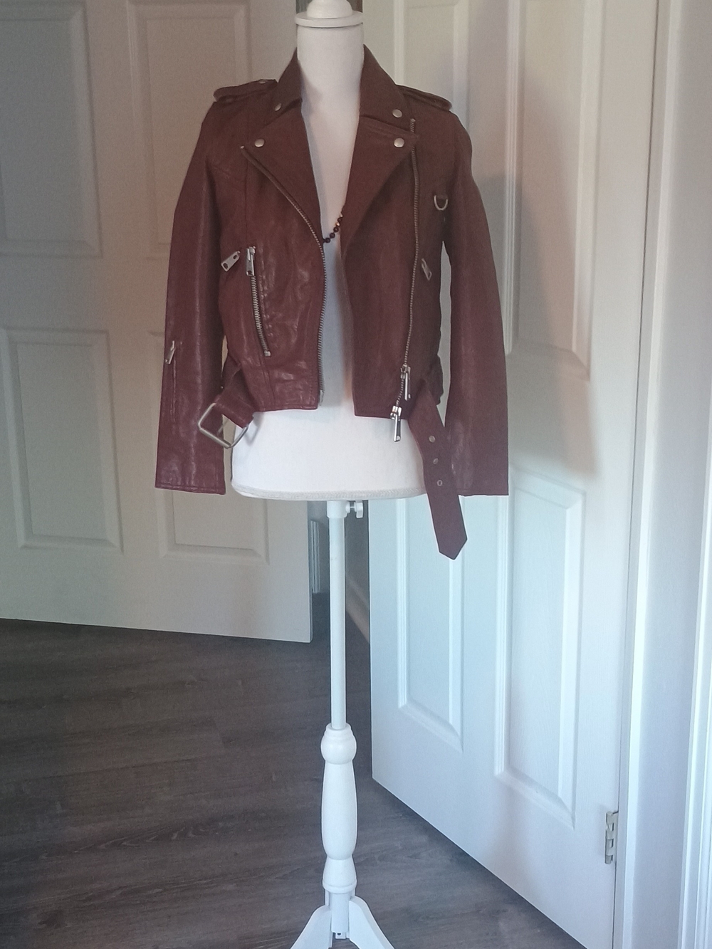All Saints Burgundy Leather Moto Jacket with Silver Hardware
